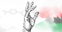 Hand slightly open pointing upward with green black and white background