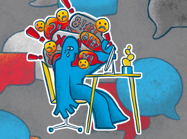 graffiti style image of a blue person in front a computer with speech bubbles with exclamatory signs and sad faces