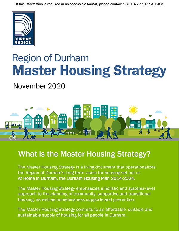 An image of the cover page for the Region of Durham Master Housing Strategy document, the cover shows a simple cartoon image of a variety of housing types with a green grassy neighborhood at the foreground and the Durham logo..