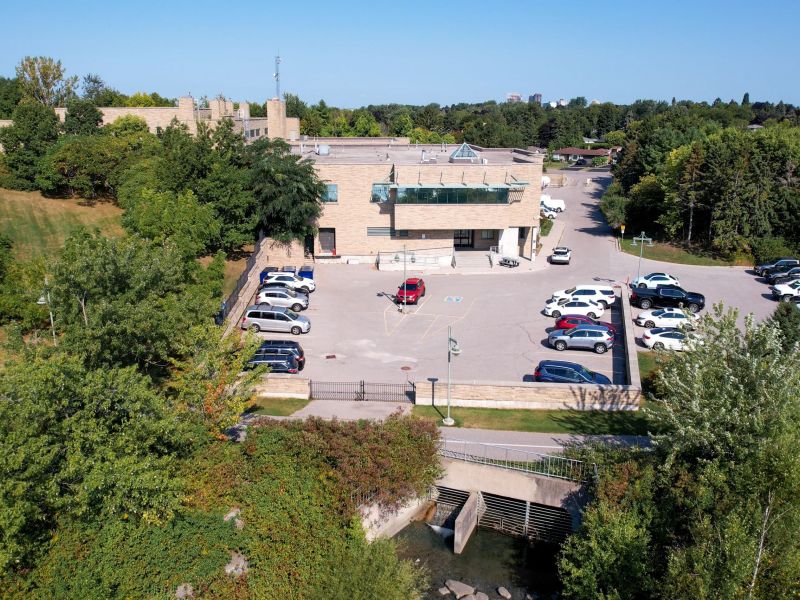 An aerial view outside and above the parking lot of the Ajax Water Supply Plant.